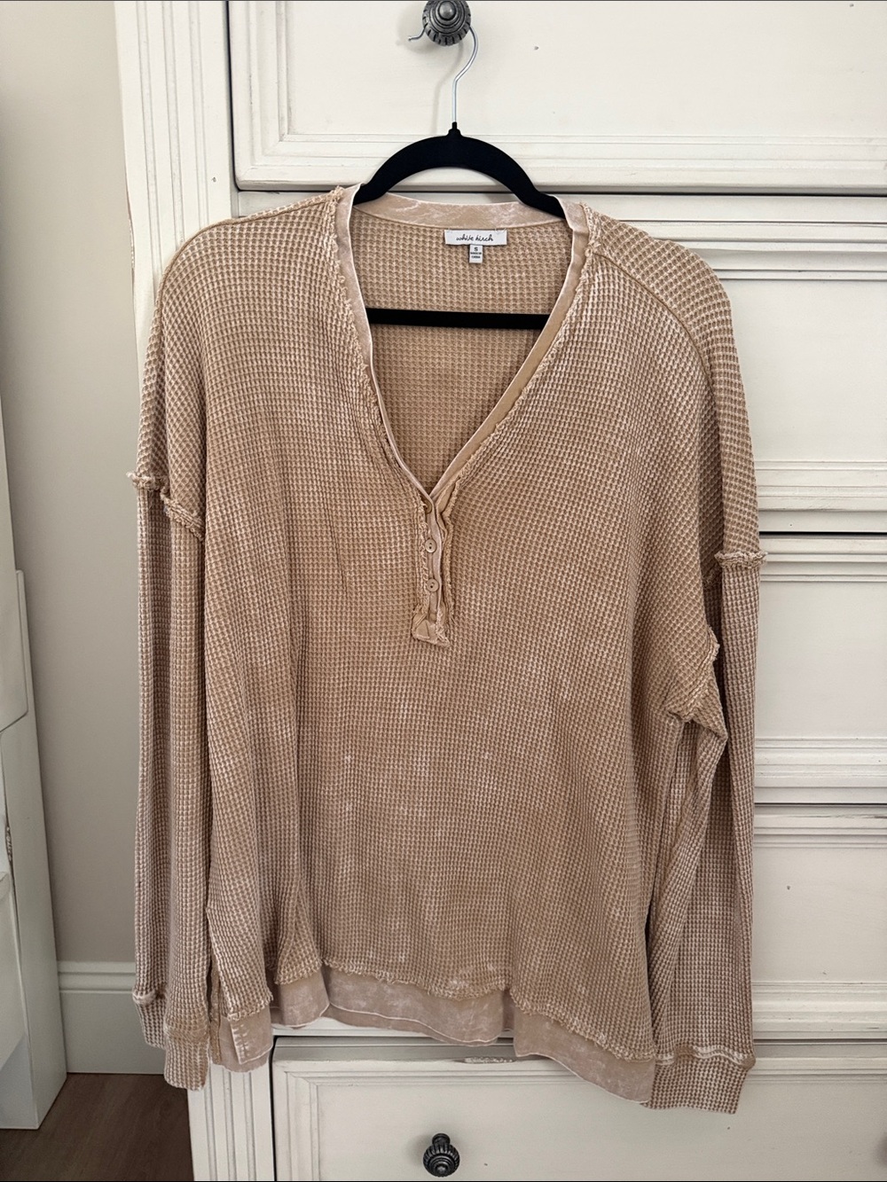 White Birch oversized Beige Waffle-Knit Henley Sweater
